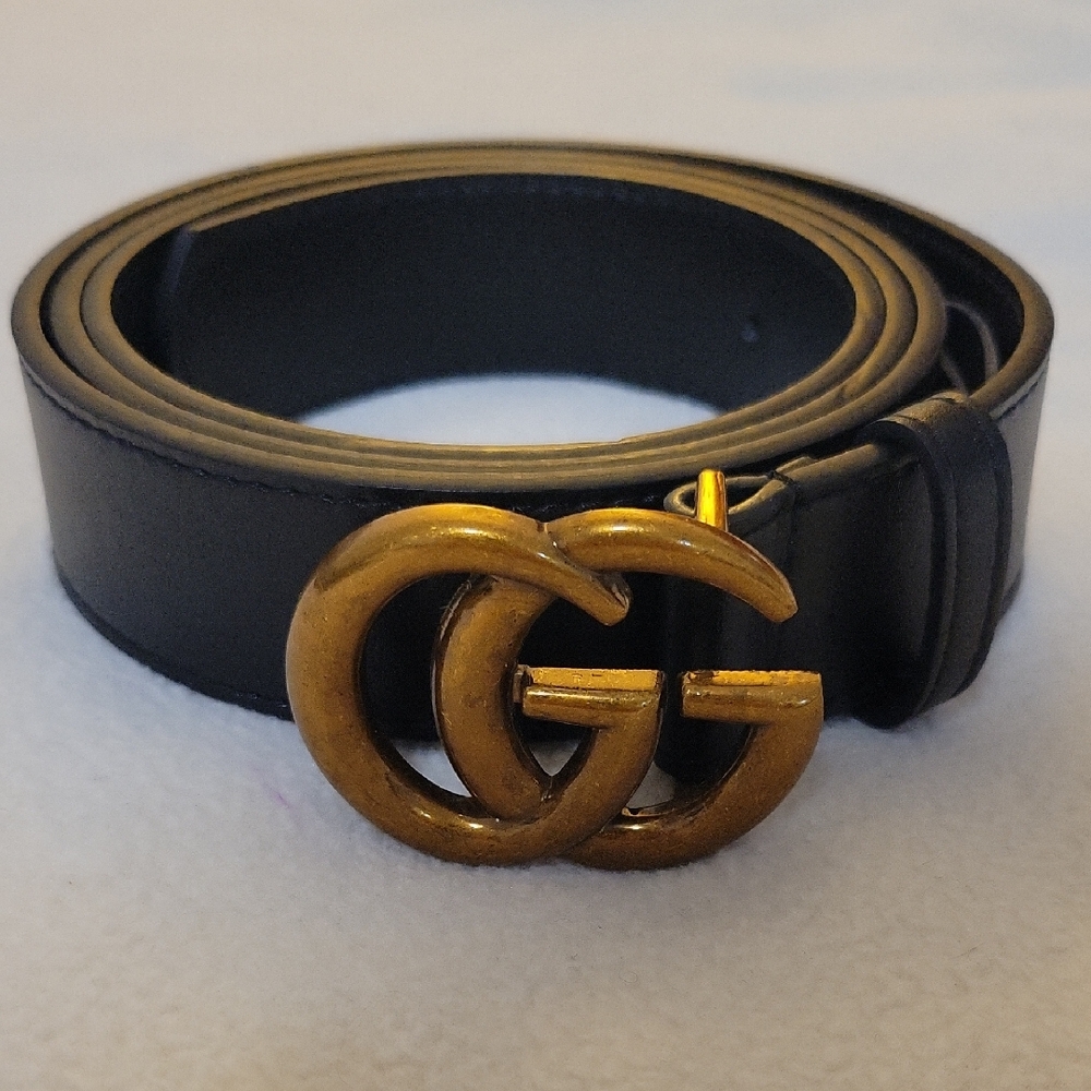 Black Leather Belt with Aged Gold Double-G Buckle